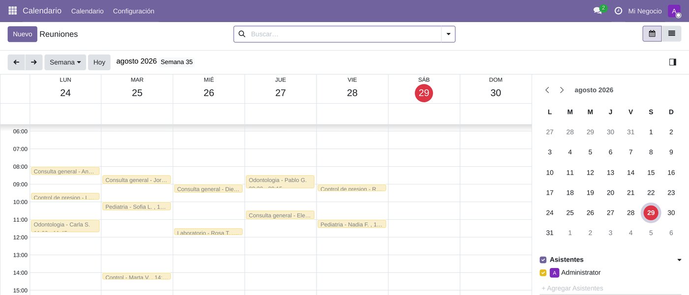 Agenda semanal en Odoo con las citas del consultorio por día y hora: consultas, control, odontología, pediatría y laboratorio.