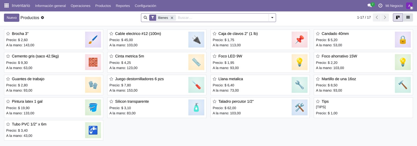 Inventario en Odoo: productos con su precio y su existencia 'a la mano', repartidos entre varias bodegas.