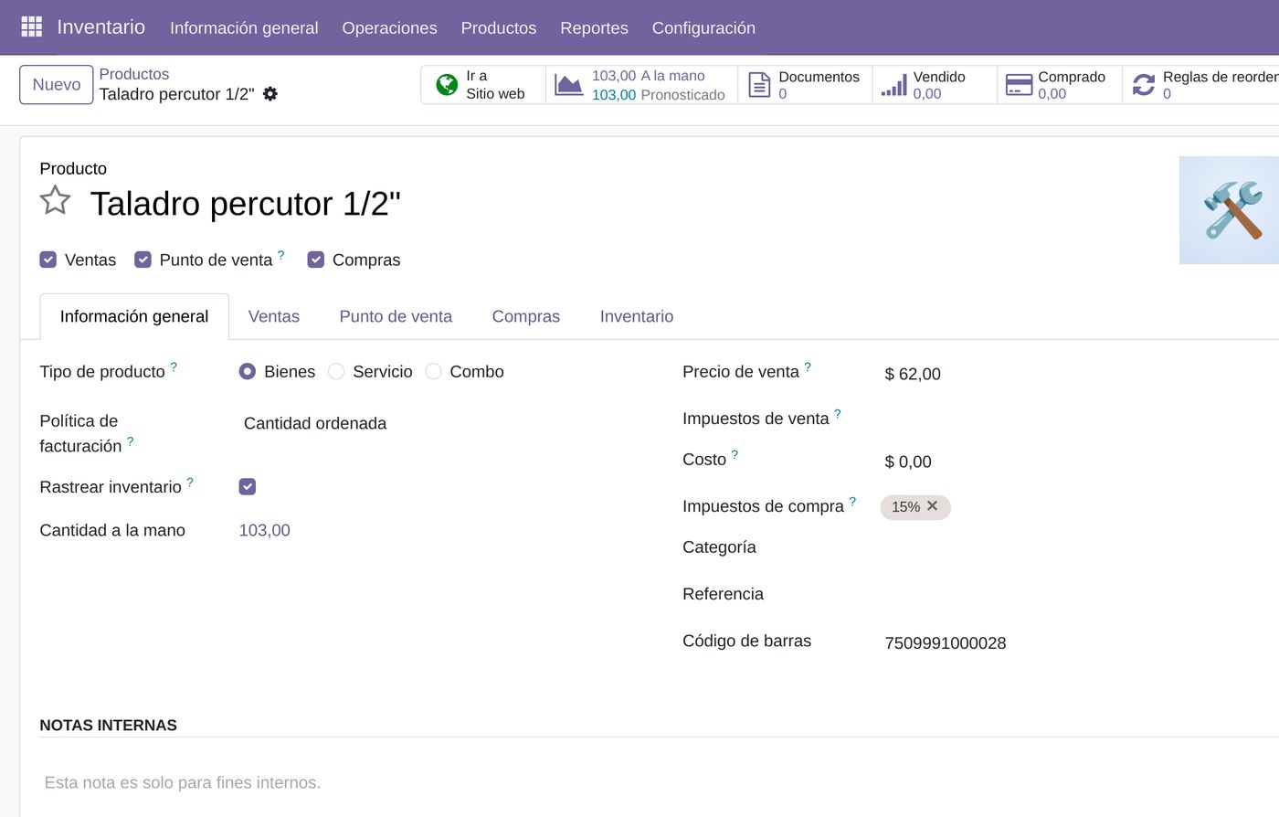 Ficha de producto en Odoo con código de barras, cantidad a la mano y reglas de reordenamiento.
